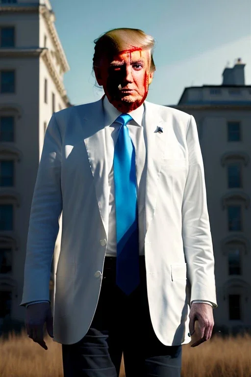 Ultra realistic image night, Donald trump zombie performance, suit, blood, torn arm, night, the walking dead style, dark ambient, highly detailed, White House background, concept art, unreal engine 5, ray tracing, RTX, focal lighting, ultra detail, volumetric lighting, 3d, finely drawn, high definition, high resolution.