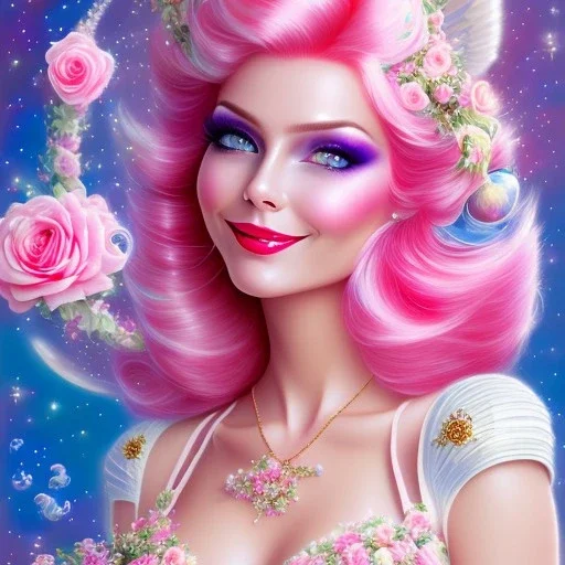 jolie femme galactique cosmonaute sourire avec longs cheveux rose pastel joli visage souriant et beau corps bien formé , beaux yeux bleus rieurs - grandes ailes roses , ciel bleu fleurs blanches et roses. robe en soie, jolies dents rieuses , jolis yeux rieurs , picture precise and hight quality 8k, 10k ambiance rose pÂle, combinaison de cosmonaute, bijoux