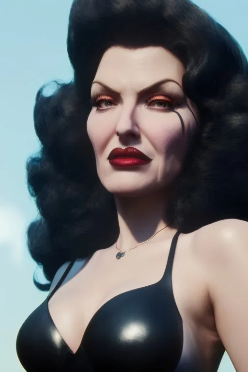 Rita Hayworth as evil queen in black leather, busty, cleavage, curvy, angry, stern look. character design by cory loftis, fenghua zhong, ryohei hase, ismail inceoglu and ruan jia. unreal engine 5, artistic lighting, highly detailed, photorealistic, fantasy