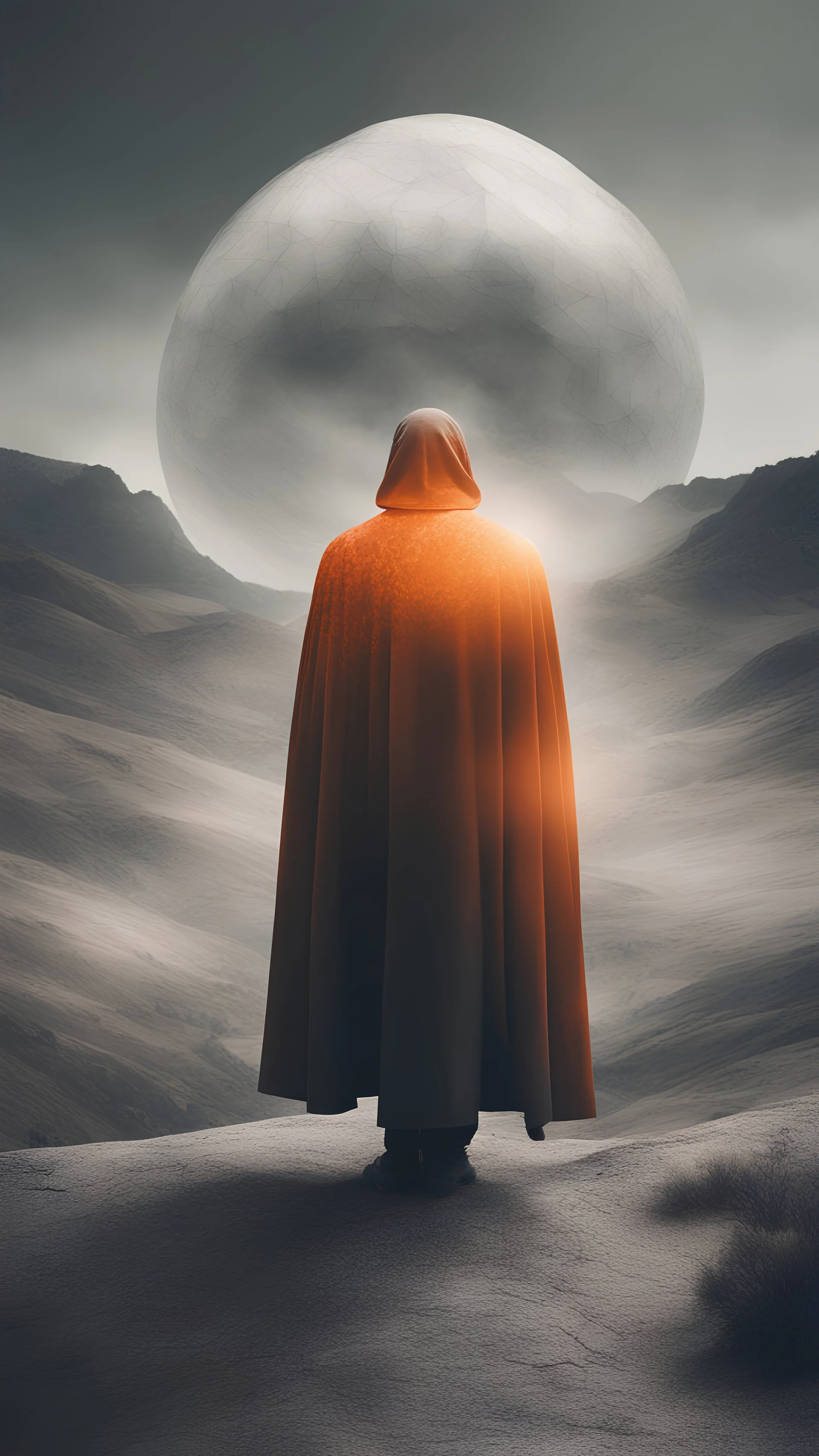 Multiple Exposure Photography, Man Wearing a Cloak with Light Inside, Rendered in Cinema4D, Ominous Landscape, Photography GIF, Elegant Balance, Buckminster Fuller, Mars Ravello, Orange and Grey. Beautiful ghosting, superimposing.