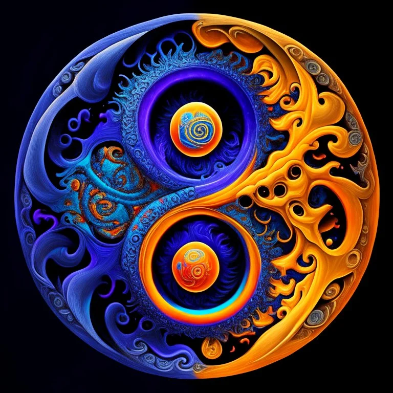 yin-Yang symbol, hyper detailed, photorealistic, hyper detailed, hyper defined, orange, azul, purple, yellow, DMT art