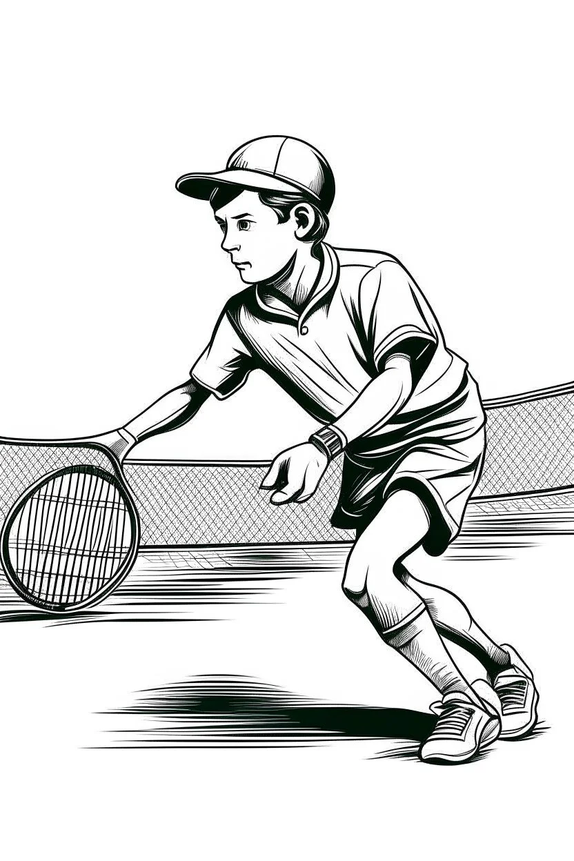 A black and white image of a classic tennis player KIDS performing a backhand swing on a grass court. Style: Vintage Photography, Mood: Timeless and Skillful, Lighting: Sunlight with soft shadows, T-shirt design graphic, vector, contour, white background.