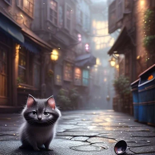 pixar style, volumetric Dirty back alley with steel garbage can environment and background, realistic painting of a cute Munchkin black kitten on the ground, looking excited, detailed digital painting, extreme dense and fine fur, anime, ornate, colour-washed colors, elegant, small minutiae, particulars, centered, smooth, sharp focus, renderman gofur render, 8k, uhd, detailed eyes, realistic shaded volumetric lighting, sunlight caustics, backlight, centered camera view