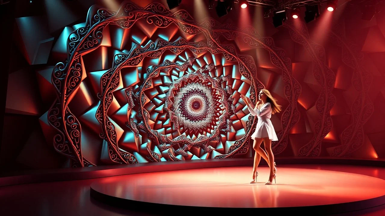 modern stage with a beautiful lady in modern clothing dancing, 3D recursive fractal structure animating background