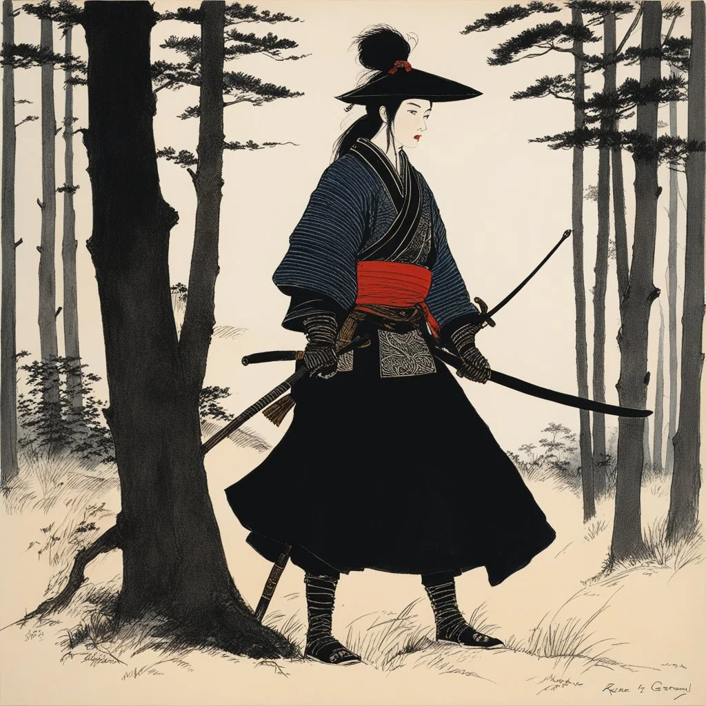 René Gruau's Nomadic samurai female creature at the edge of the wood