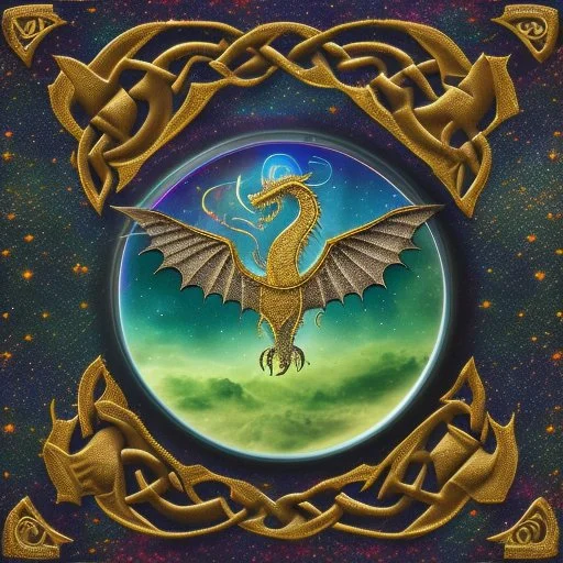 image framed with a thin border of celtic designs, story book cover format, A winged celestial dragon in flight above a forested mountain, against a background of brilliantly glittering stars, hd 4k, fine sharp detail