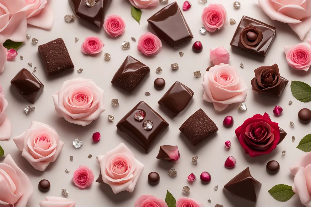 top view of roses, diamonds and chocolate bonbons in sunshine