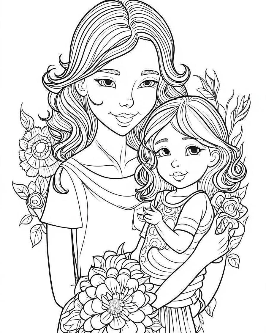 mother coloring pages, no black color, no no flower, b/w outline art for kids coloring book page, Kids coloring pages, full white, kids style, white background, whole body, Sketch style, full body (((((white background))))), only use the outline., cartoon style, line art, coloring book, clean line art, white background, Sketch style