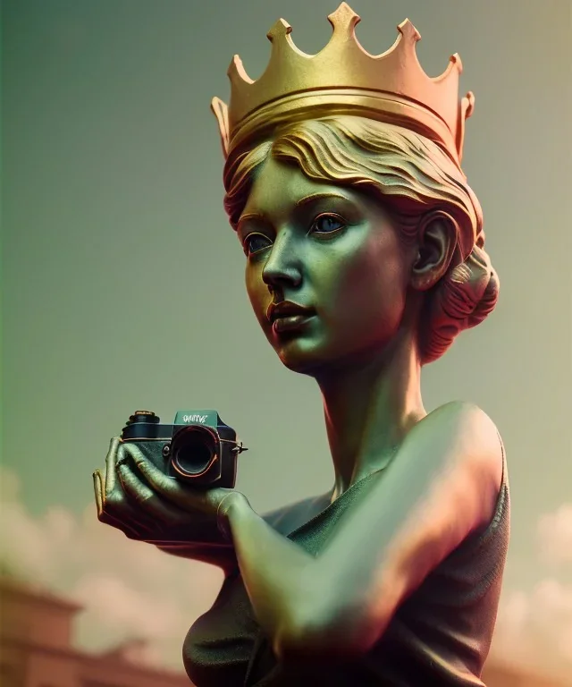 Statue of Queen of photography holding camera in hands. Cute blonde woman. Photographer in golden crown. Standing on the street. Big camera in her hand. hyperdetailed, photorealistic, trending on artstation, greg rutkowski, beksinski, kodachrome, volumetric lighting, gold and cyan