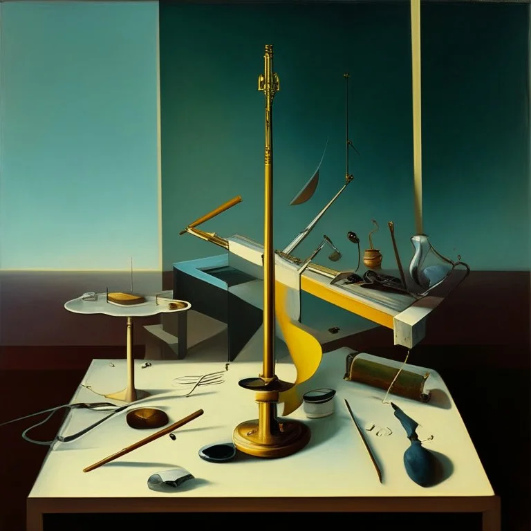 human body, universe-like table,complex surgical instruments mixed with human body-like musical instruments,minimalism,Painting By Adrian Ghenie, Rene Magritte, Lucian Freud