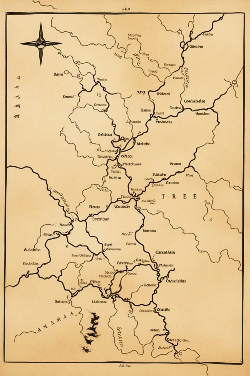 a scan of an ancient Cree Anishinaabe road map, black and white printed map that has been been stained and weathered, text is in a Cree Syllabic font