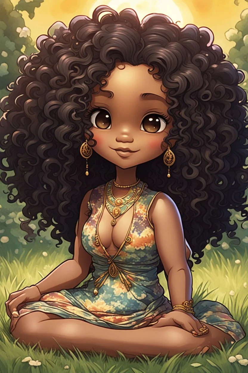 An art nouveau image of a chibi native american cartoon of a curvaceous woman with flowing of tight curly afro of black hair that's highly detailed, wearing a tie dye maxi dress. She sits relaxed on the grass facing the warm sunlight, which illuminates her face as she looks to the side with a small smile, accentuating her prominent makeup and brown eyes. with green and hot pink roses all around