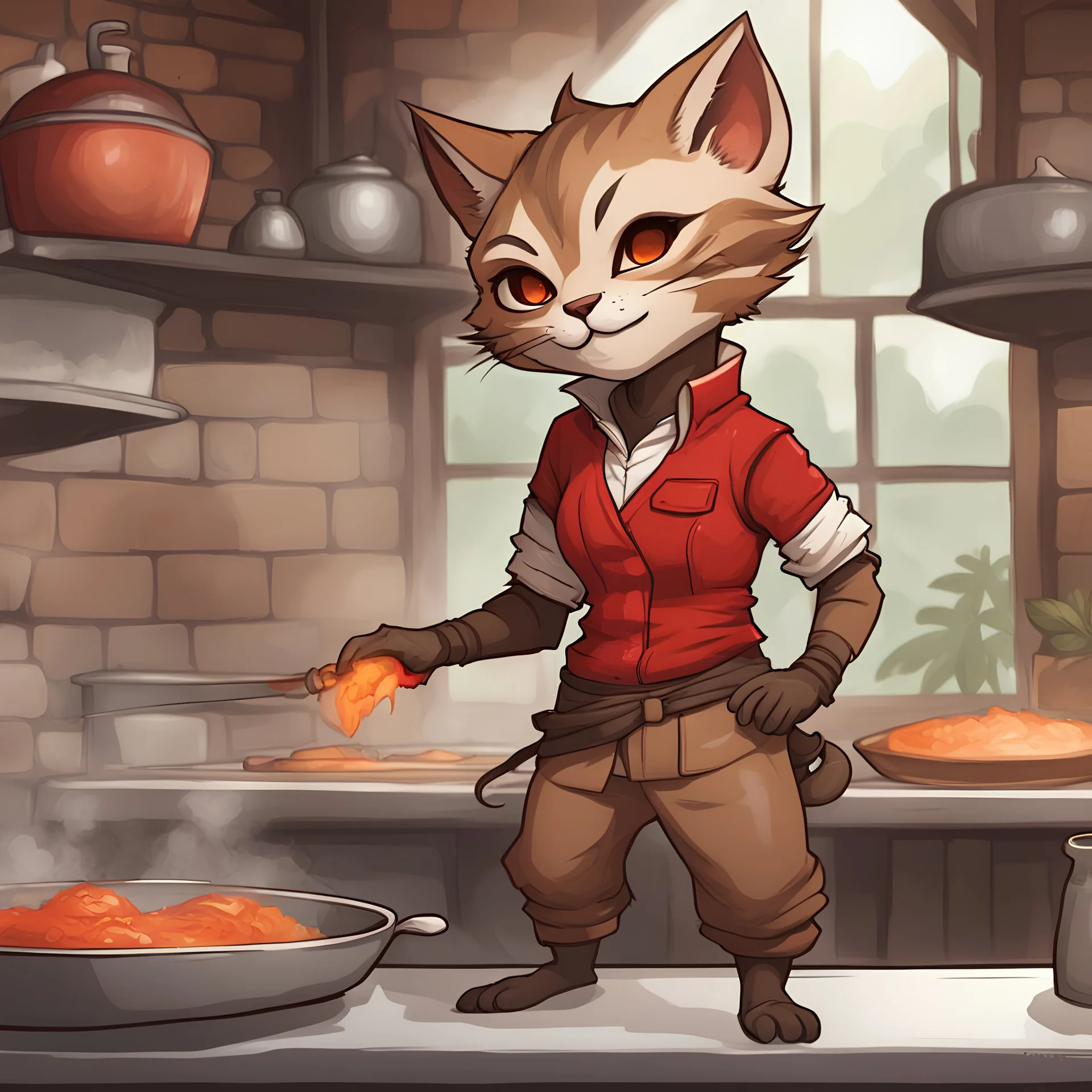 Abernura is a female khajiit chef with rusty brown fur and tan muzzle wearing red shirt with a tan vest and pants, in chibi art style, background outdoor kitchen