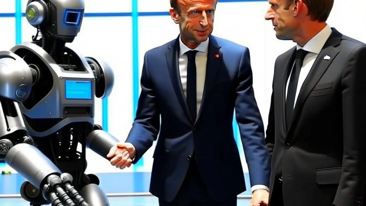 UN ROBOT TERMINATOR PORTANT UN UNIFORME DE GENDARME FRANCAIS PASSE LES MENOTTES A EMMANUEL MACRON