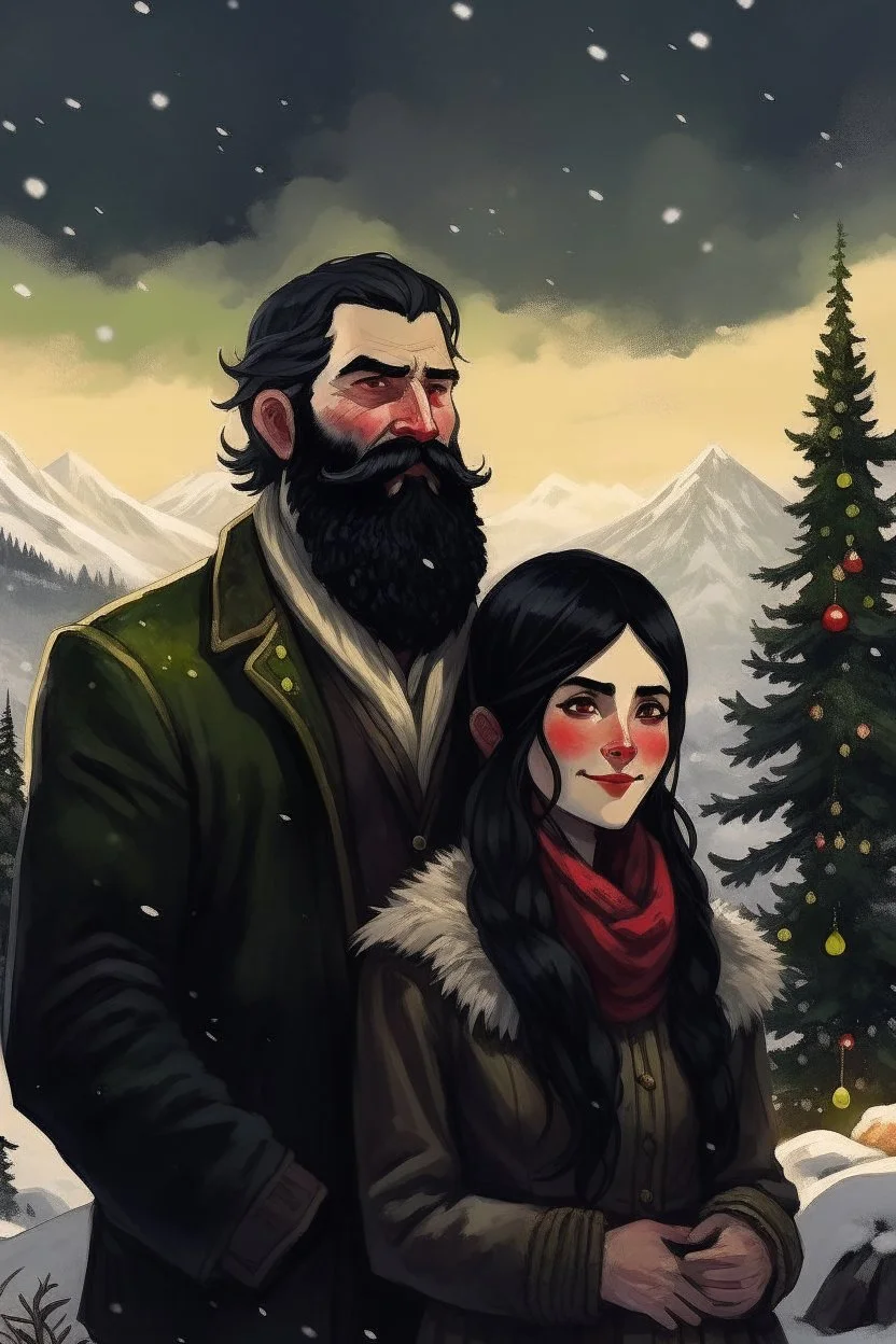 Mountain Christmas scene, dark haired couple, man with black beard art