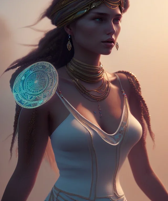 Gipsy, beautiful, curvy body, white fabric dress, beautiful long hair, bandana covering head, long earings, head and shoulders portrait, holding tarot card, 8k resolution concept art portrait by Greg Rutkowski, Unreal Engine 5 volumetric lighting