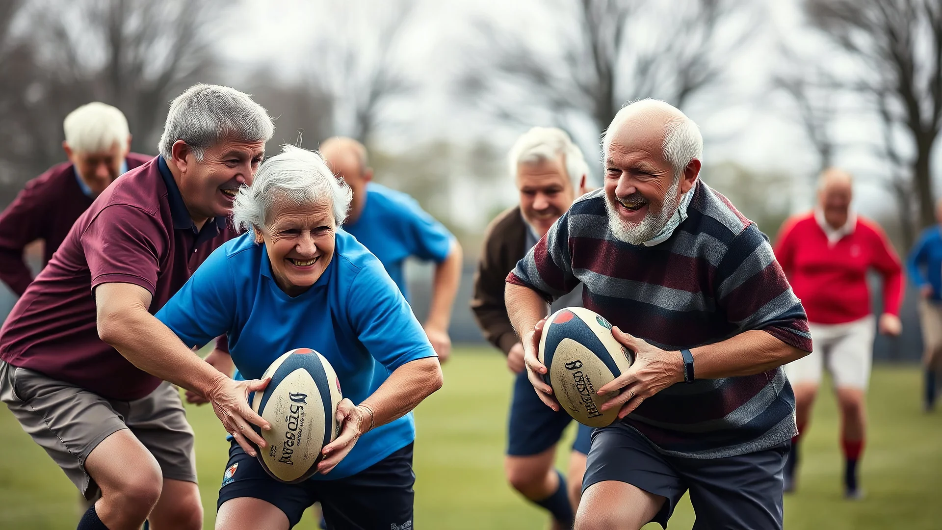 Elderly pensioners playing rugby. Everyone is happy. Photographic quality and detail, award-winning image, beautiful composition.