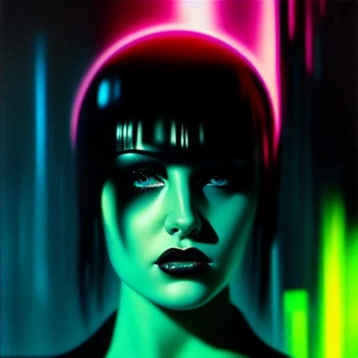 portrait oil on canvas, beautiful punk busty female Cyborg, looking to viewer, sad green eyes, post-apocalyptic in a cyberpunk city,minimal skintight suit, blade runner, comic book cover, mystical colors, neon, insanely detailed,realistic,intrincate detail, 16k resolution, masterpiece, Adam hughes