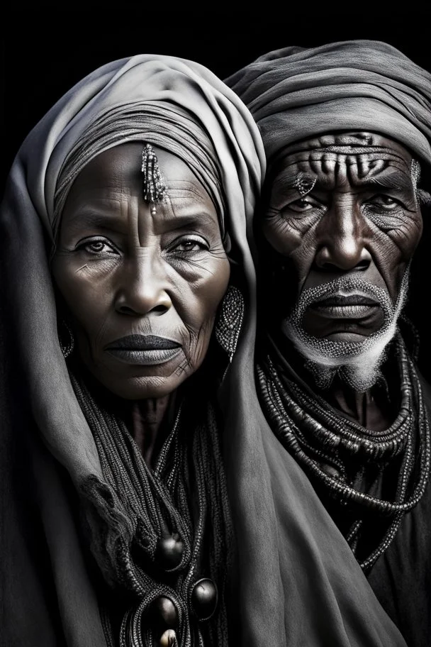 a photo of an Tuareg man and woman with ethnic jewelry, grey hair and grey flowing robe, in style of Annie Leibovitz, contemporary portrait of a mature yet beautiful and modernist, black and grey, detailed face, swirling fluid smokey enigma, award-winning artwork