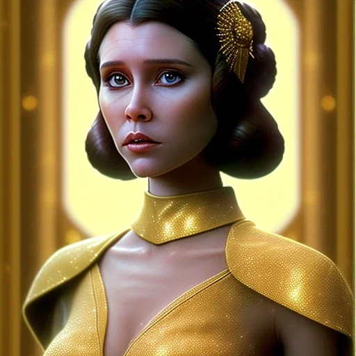 pltn style, beautiful photorealistic princess leia, hazel iris, tall, slender, long hair, smooth, flawless skin, deep, mysterious eyes, white and gold gown, intricate beading, sparkling jewels, diamonds, rubies, regal, dignified, graceful, fluid, ethereal quality, light steps, roses, jasmine scent, shimmering light, spirit, hope, joy, mortal, extraordinary beauty, charm, mystery, legend, fascination, cute big circular reflective eyes, Pixar render, unreal engine cinematic smooth, intricate