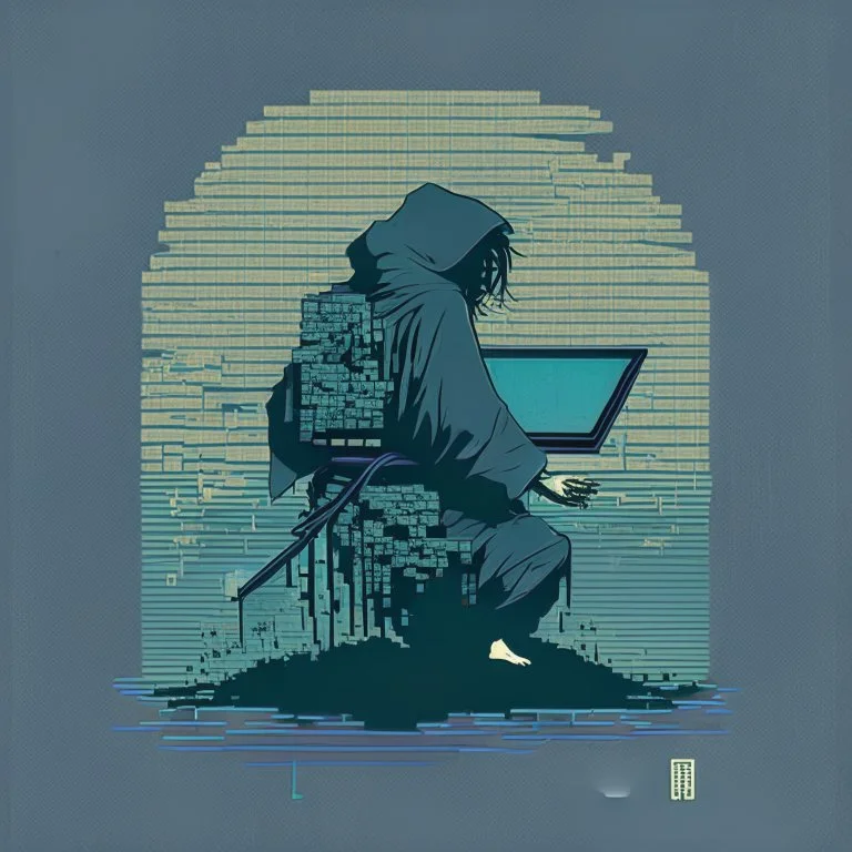 minimalistic hacker in the style of hokusai, matrix theme colors