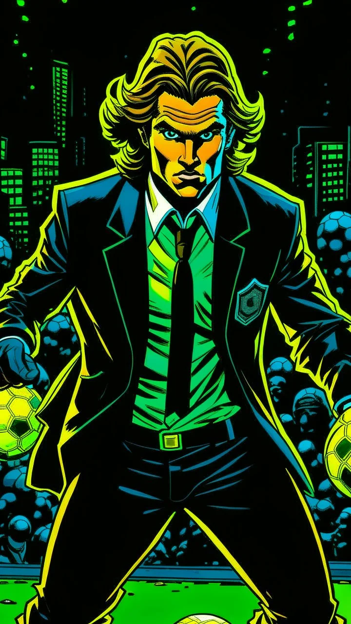 Diego Forlan Football soccer player fighting black suite. Dark detective comic. comicBook cover batman style detective mistery 1990.