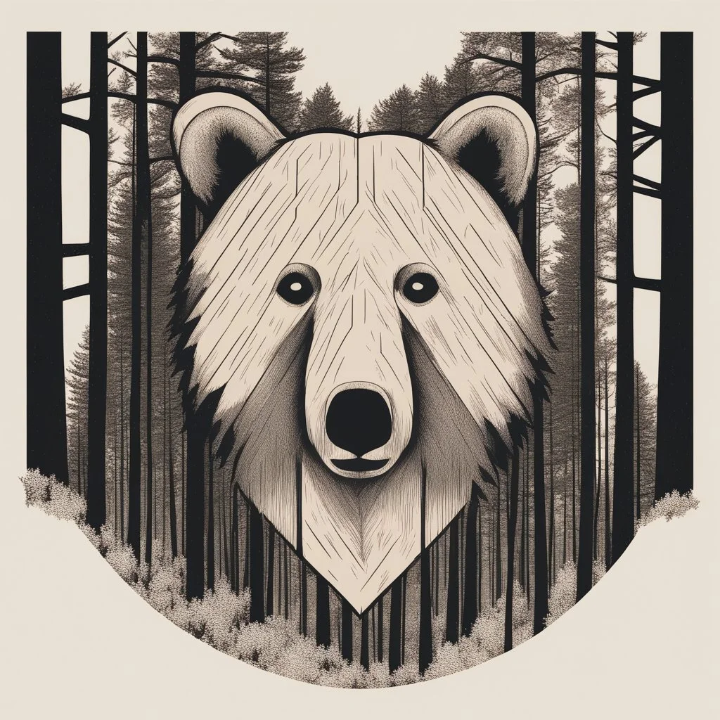 M shaped bear head combined with woods silhouette in backround, letterpress style, minimalistic clean illustration