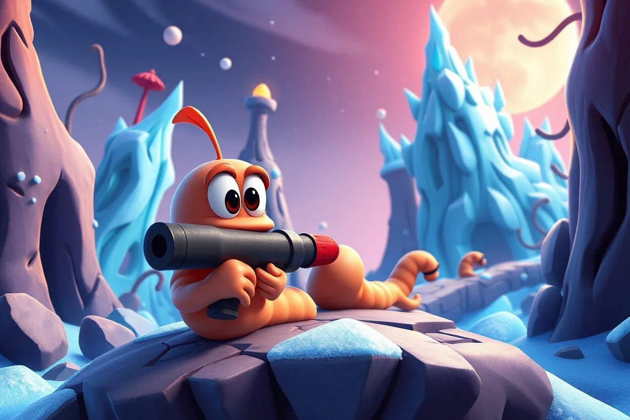 worms character with bazooka in worms game crawling through 2d platformer with frozen artic jungle with weird alien towers gets torn apart under him, in the style of Pixar, expertly crafted in a whimsical and vibrant cartoon style. is masterfully rendered in a lifelike 3D design, which captivates viewers with there irresistible charm.