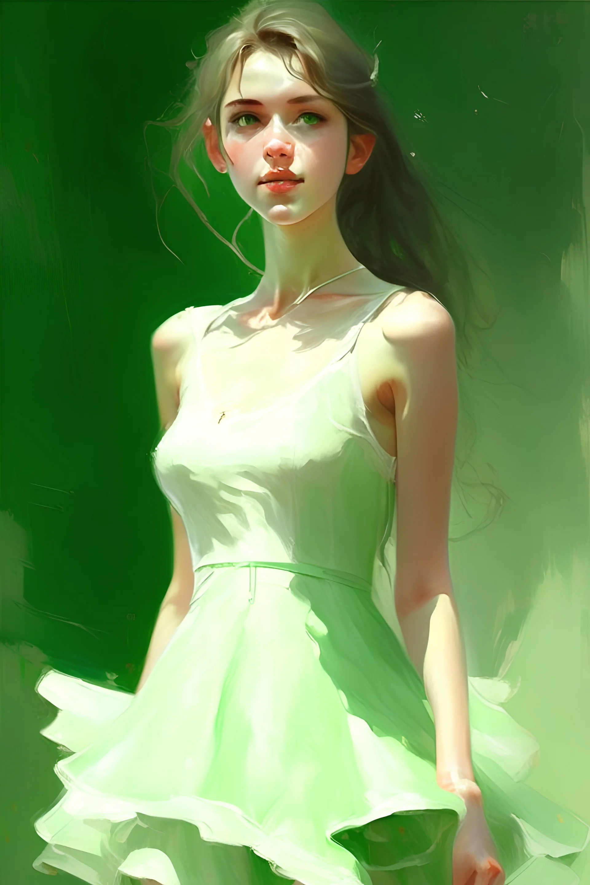 فتاة فاتنة بفستان اخضر شفاف وقصير وفخدين شديدين البياض