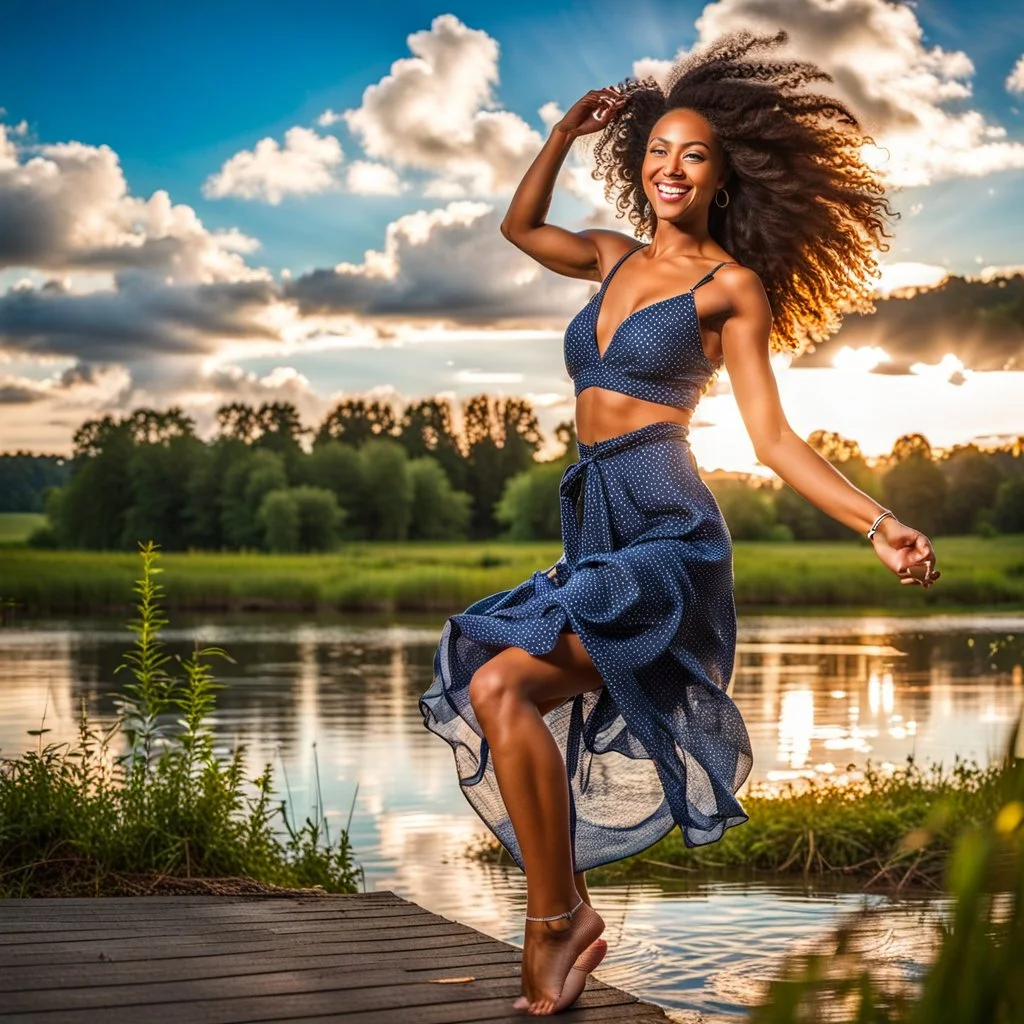 full body shot of very beautiful lady dancing in country side , curly hair ,next to small clean water river,pretty clouds in blue sky