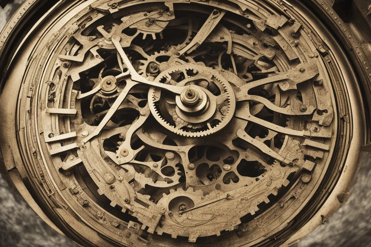 Looking down into a complicated large, old-fashioned, engraved, clock mechanism with hands