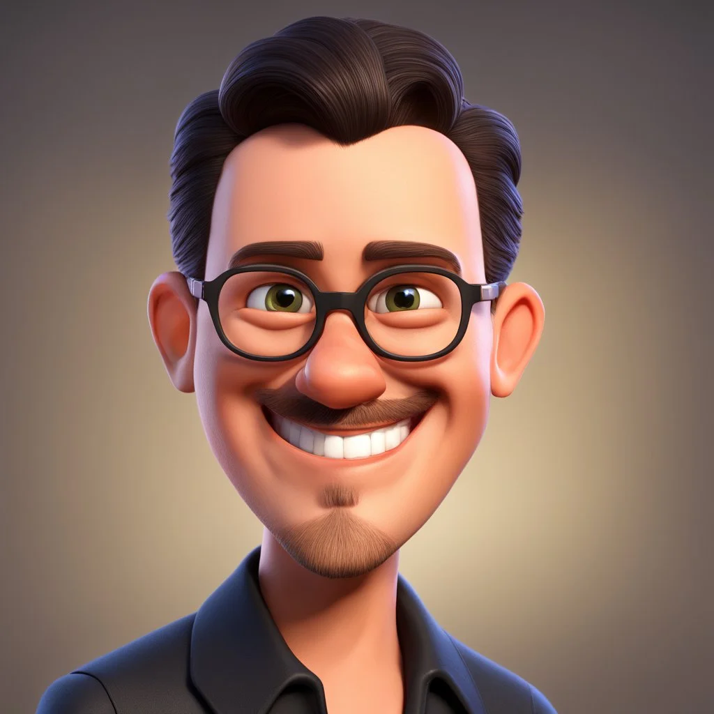 a portrait of smiling western man. caricature. black short hair. light skin. black eye pupils. rectangle eyeglasses, black frame. oval face shape. beard and moustache. wear black formal dress. pixar style. 3D. 4k. portrait. highly detailed. sharp focus. high resolution. full color. cinema lighting