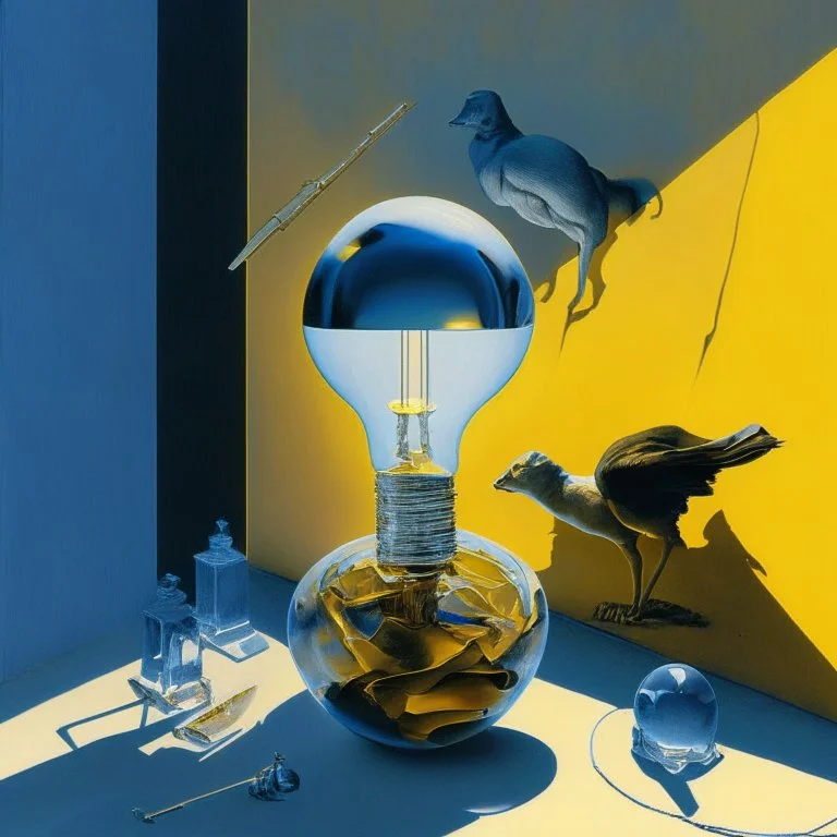 Abstract painting formed by a mix of human flesh-like surgical instruments and universe-like neuralink, a cat looking at a pigeon inside a huge bulb between light and shadow at dusk,surrealism,minimalism,Painting By Adrian Ghenie, Rene Magritte, Salvador Dali, Lucian Freud