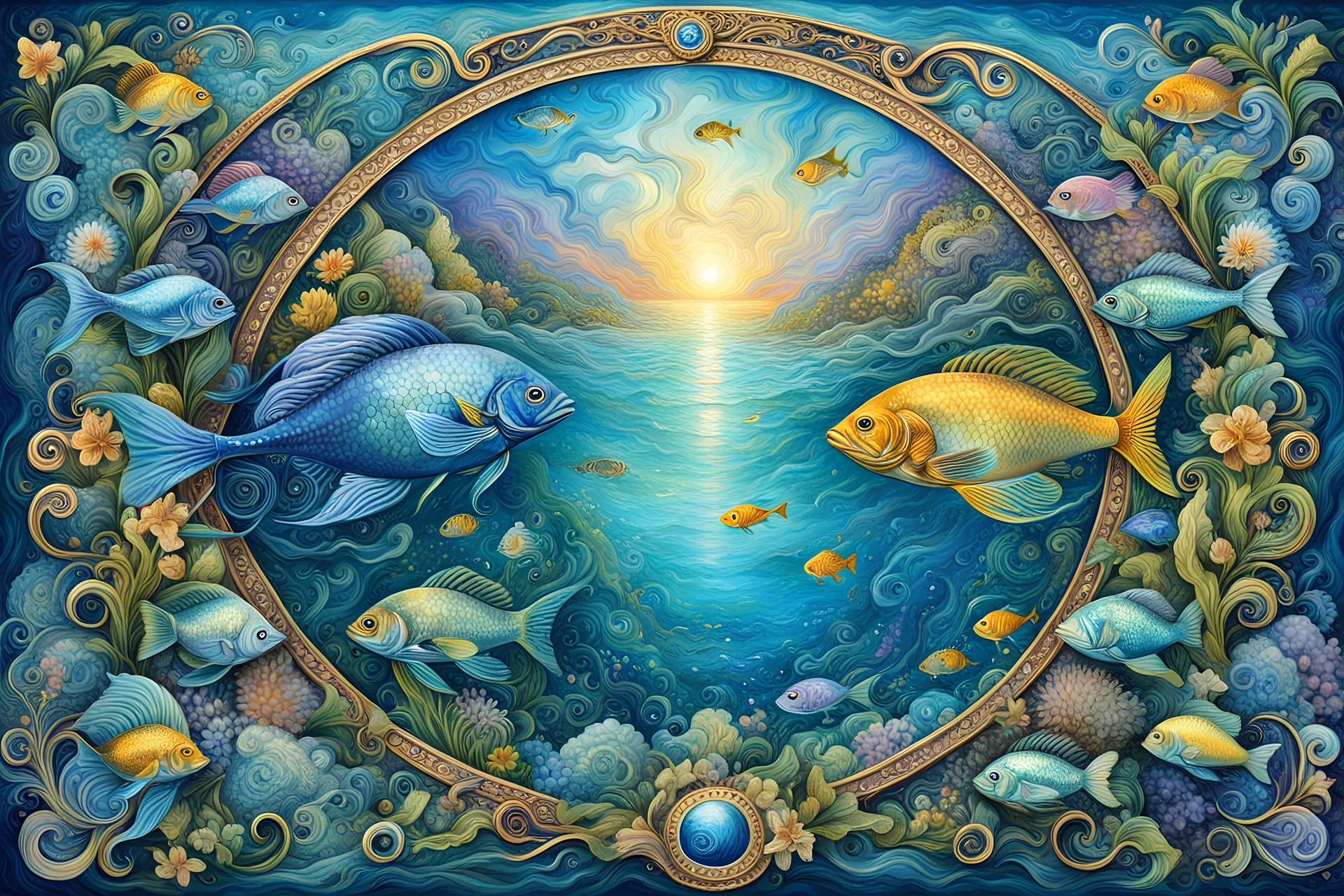 In the style of Josephine Wall, Wide view, Pisces, 2 fish swimming in opposite directions, the sign of the zodiac, detailed, elegant, complex, award winning masterpiece,