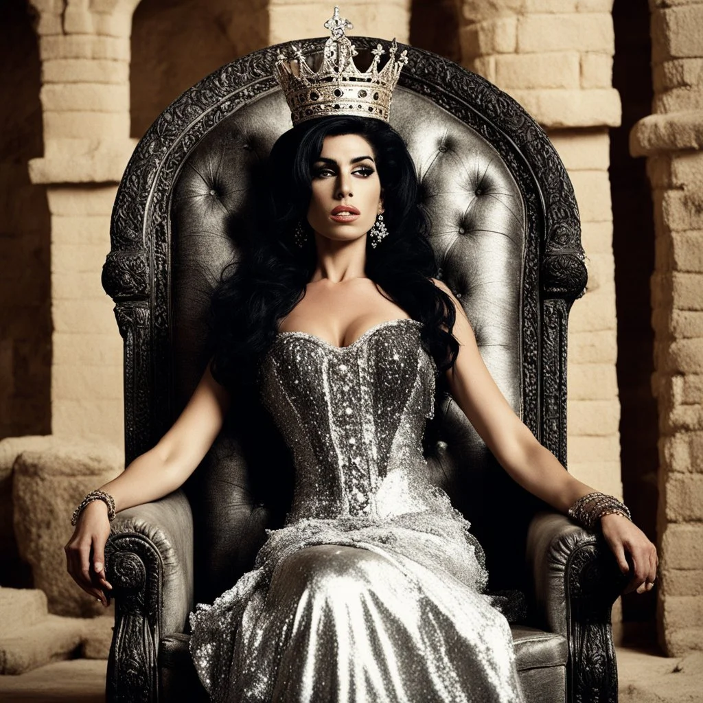 [vintage style noisy scratches glitches, Shot the texture and then rewound the film and double exposed the face] Amy Winehouse as the Queen of Judea in Jerusalem, on her throne in agent provocateur with no inhibition