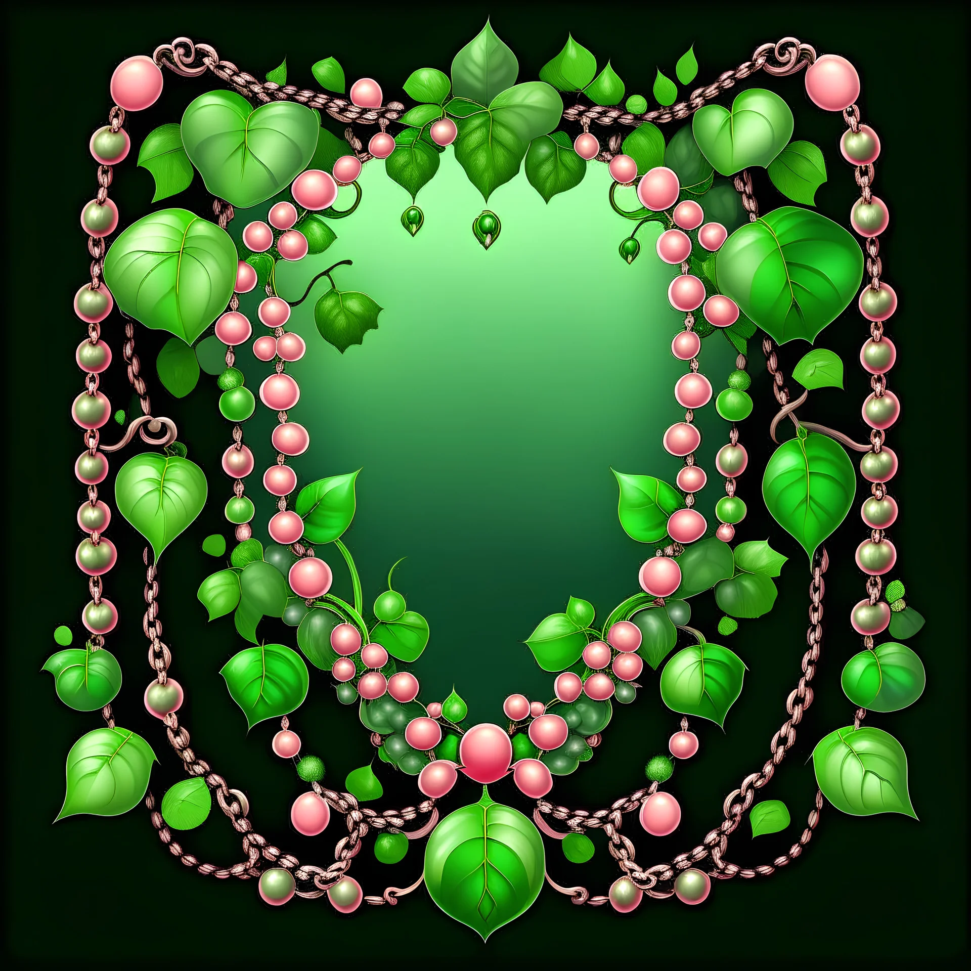 Create an Artwork of a Mirror with ivy branches and pearls necklace, Like a creative Logo for a Varasity Jacket, illustration. Colors should be pink and green