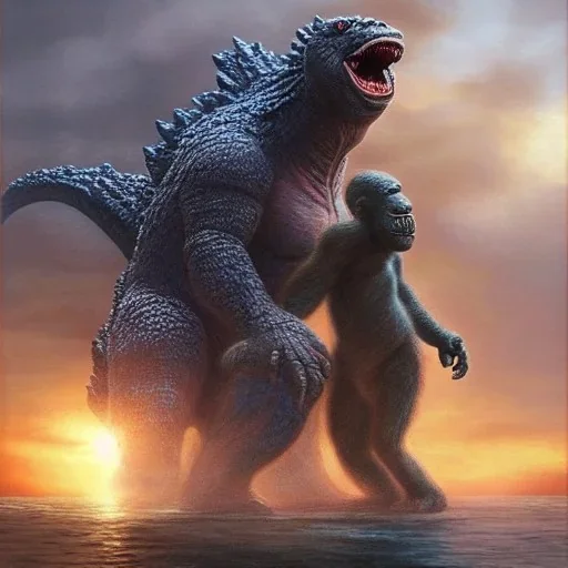 Insanely detailed portrait of godzilla fighting king kong in front of Marina Bay Sand :: perfect proportions :: by Artgerm, Greg Olsen, Pixar, WLOP :: hyperrealistic, hyper detailed, photorealistic :: a masterpiece, incredible composition, amazing depth, imposing, meticulously composed, 8k :: unreal engine :: Mappa studios :: detailed matte painting, deep color, fantastical, intricate detail, splash screen, complementary colors, fantasy concept art, 8k resolution trending on Artstation