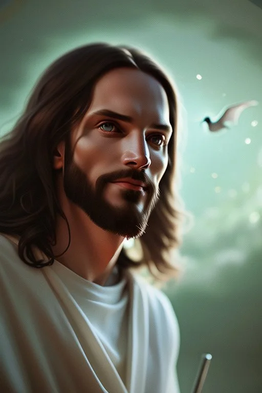 Jesus and easter and bats bokeh digital painting extremely detailed studio lighting crisp quality and light reflections 8k cinematic lighting portrait photorealistic ultra detailed cinematic postprocessing focused