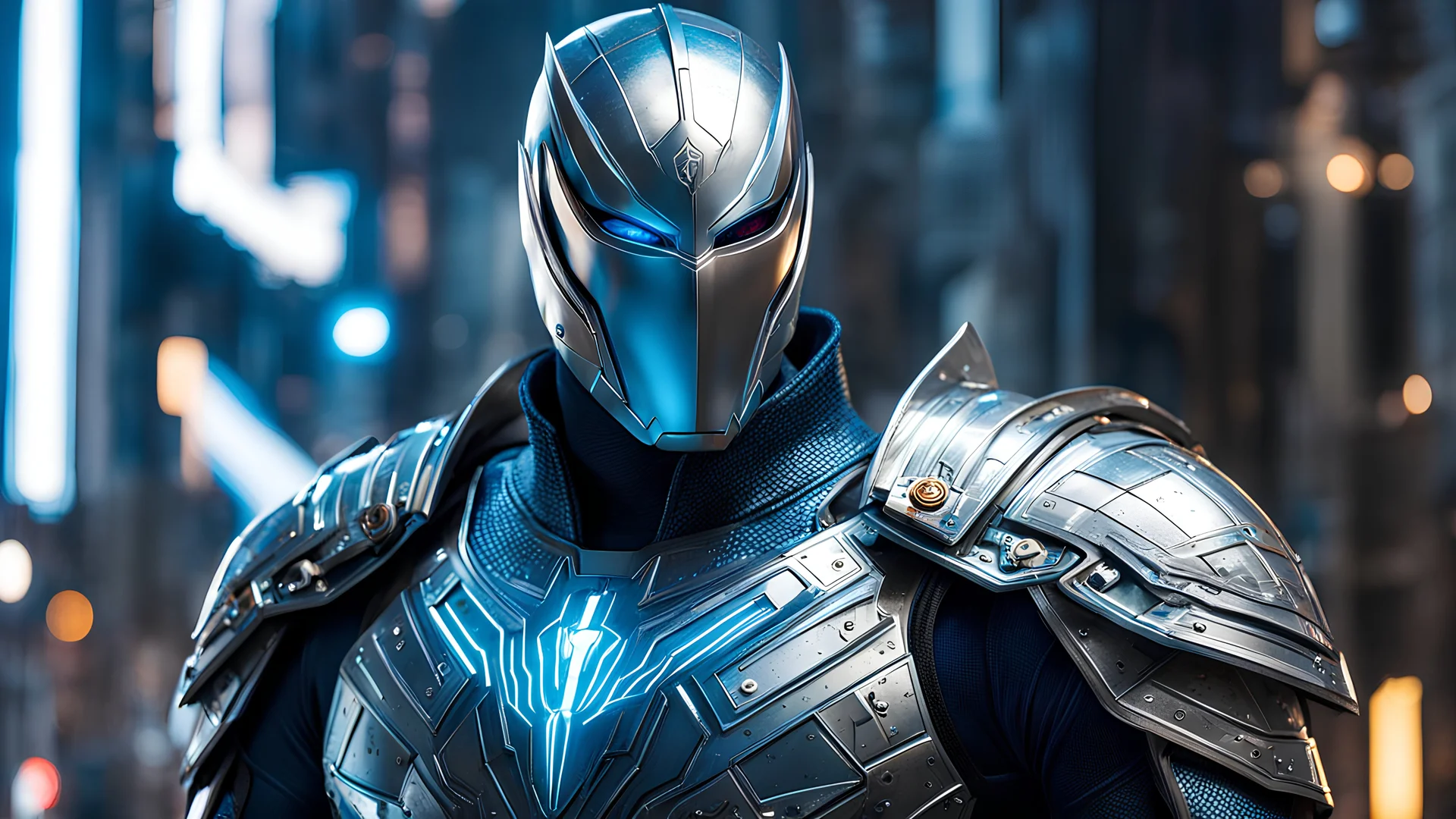 a super high-detailed and realistic image of a cyberpunk-style knight in a silver-blue Spider-Man-inspired body armor with a glowing lightning charge: "Generate an extraordinary and highly detailed image of a cyberpunk-style knight donning a state-of-the-art silver-blue body armor that draws inspiration from Spider-Man, yet takes it to a new level of high-tech brilliance. This knightly body armor emits a mesmerizing glow, with lightning charges coursing through its surface