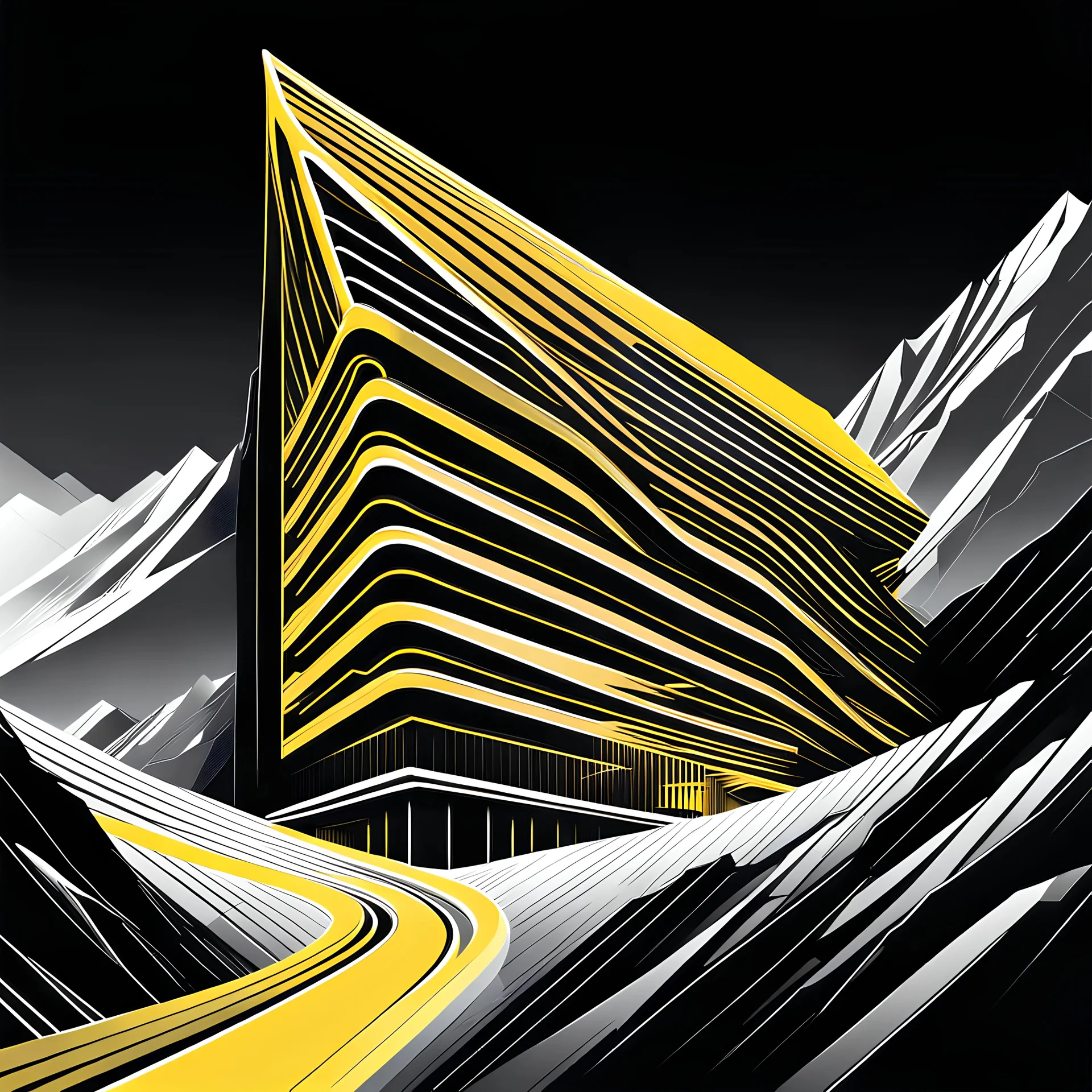 Ilustración minimalista de una edificio estilo Zaha Hadid en las montañas arte nouveau neón lineal color negro blanco y amarillo calidad ultra fondo ciudad