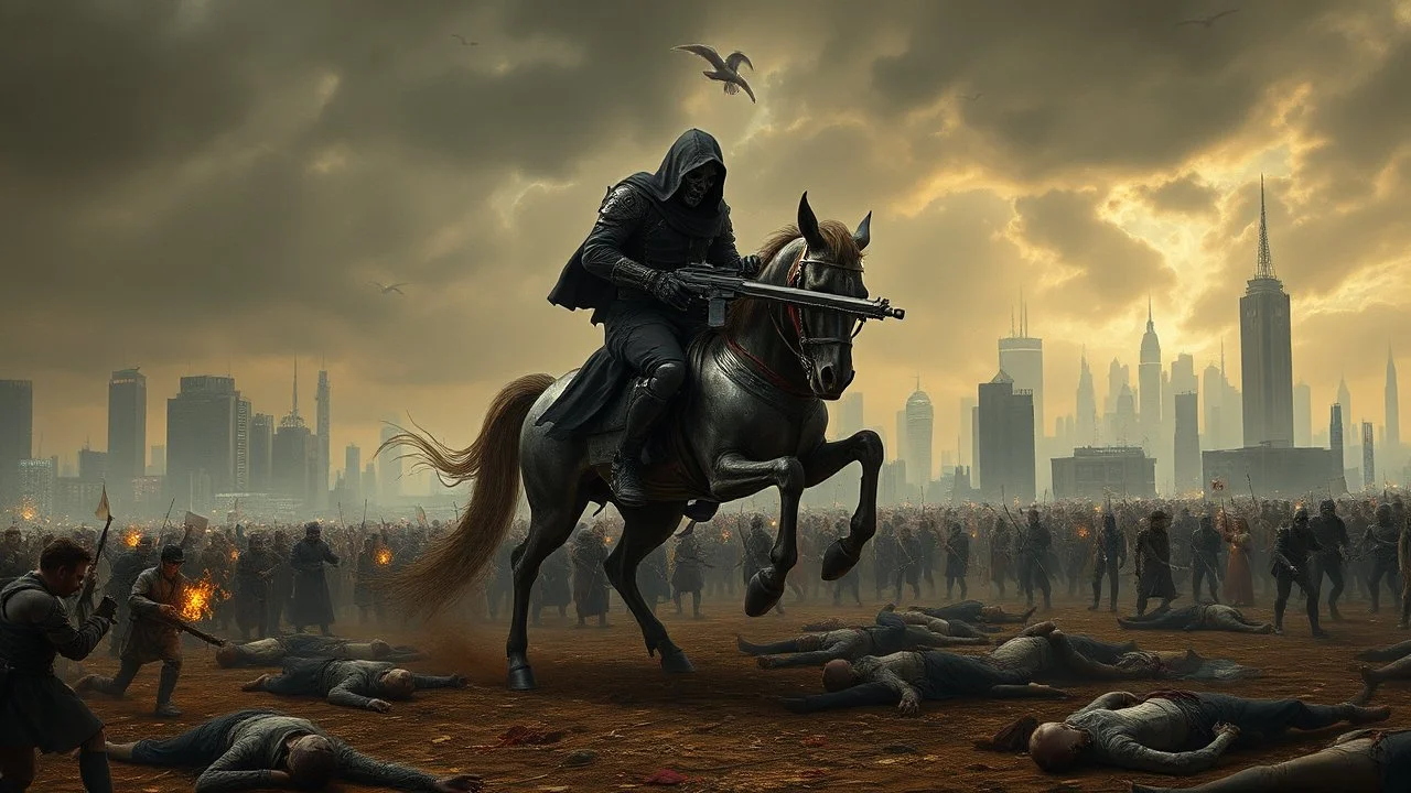 cyberpunk interpretation of Bruegel's "The Triumph of Death", capturing the symbolic "harvest" of humanity. this is terror. A dystopian metropolis under smog sky, where cybernetic grim reapers are executing physical harvest. Many of humans citizens killed an army of cyberwarrior androids and robots, panicking people, many bodies lying on the ground. In the foreground, a cyber-death warrior in black hood with futuristic gun, on a mechanical horse, thriller