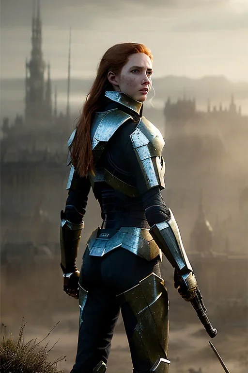 ultrarealistic, concept art, panoramic, ruined city,__intricate fantasy armor__, no star, __angles__, 18 year old woman, strikingly beautiful,ginger hair, _colour_, (pale __skincolor__ skin:1.2), __camera__, long hair, detailed face and eyes, medium breasts, sci-fi theme, freckles, dynamic pose, resolved expression, __accessory__, strappy outfit, (straps:1.1), sword in scabbard on left hip, (buckles, buttons, snaps, rings:1.0), haltertop style breastplate, detailed eyes, plump lips