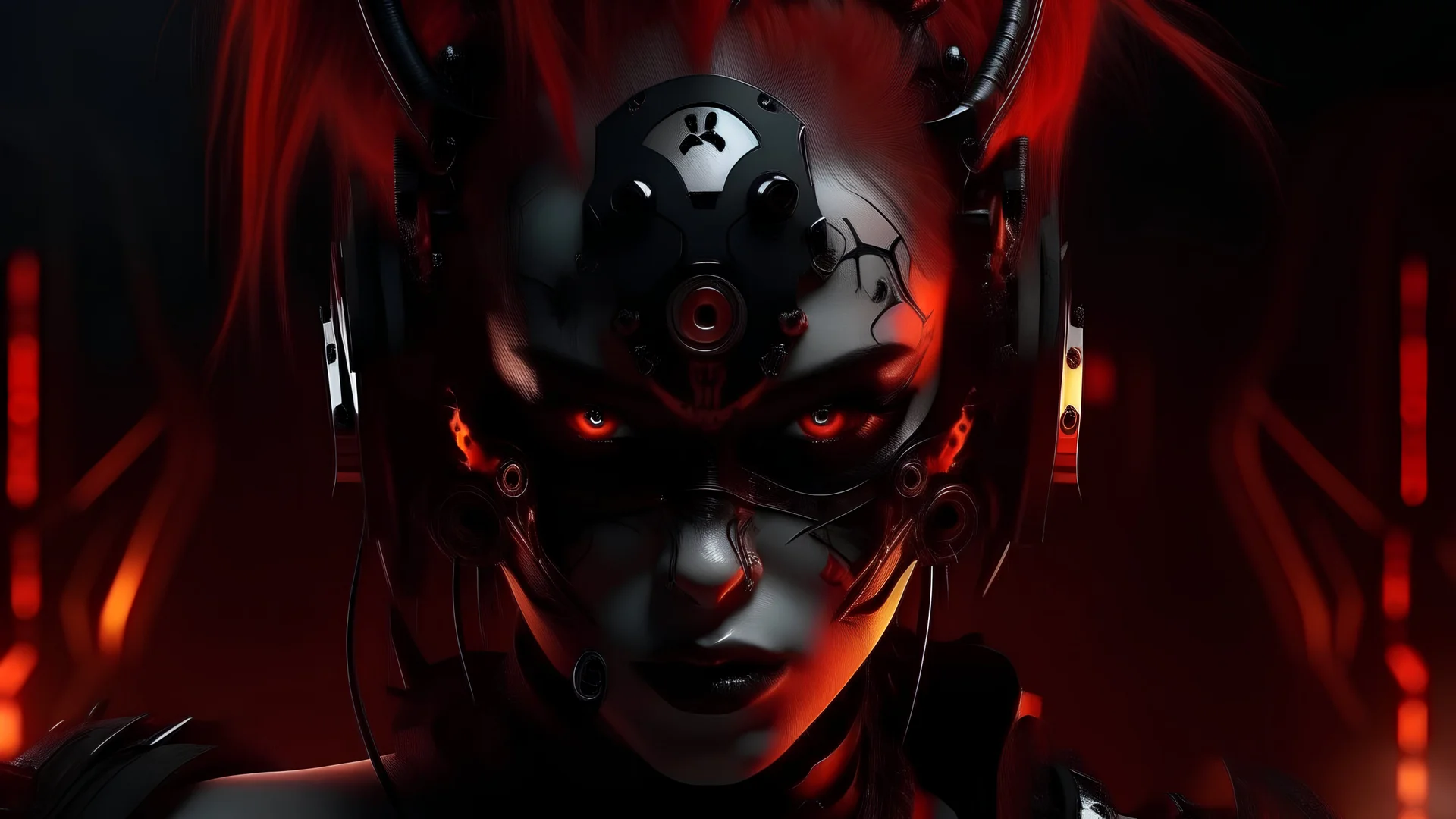 4k full realism full details logo demon femme cyberpunk firestarter hardrock emission radio; sign of the cross en arrière plan