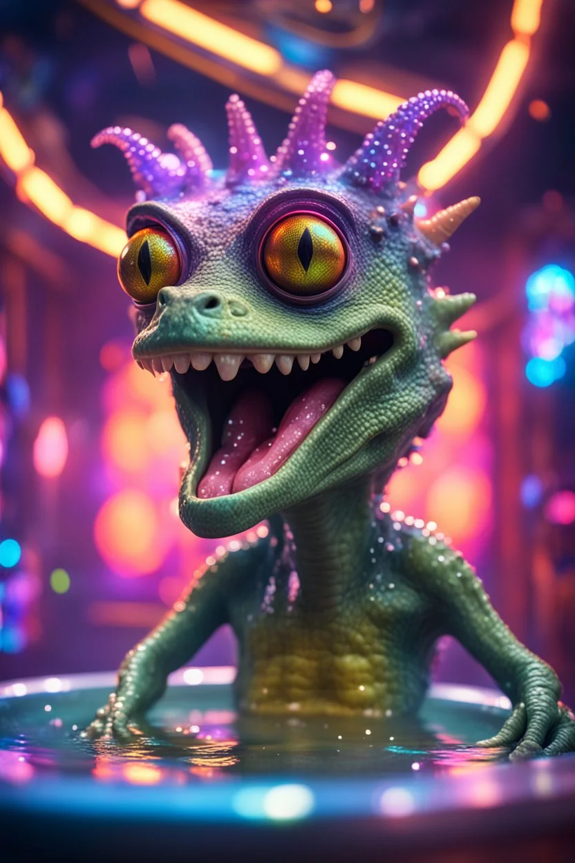 portrait of ultimate transcendent happy disco helmet wested pimp kobold croc alien frown with spotlights and huge dripping forked tounge sticking head out of a bathtub portal, in front of space portal dimensional glittering device, bokeh like f/0.8, tilt-shift lens 8k, high detail, smooth render, down-light, unreal engine, prize winning