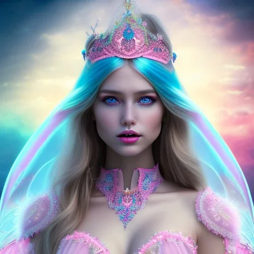 beautiful, soft, big smile face, whole head, long straight blonde hair blues eyes, crown on the head, clothing in transparent bluish and pink veil,fairy wings on the back, background brillante bluish and pink, hight definition, 8K