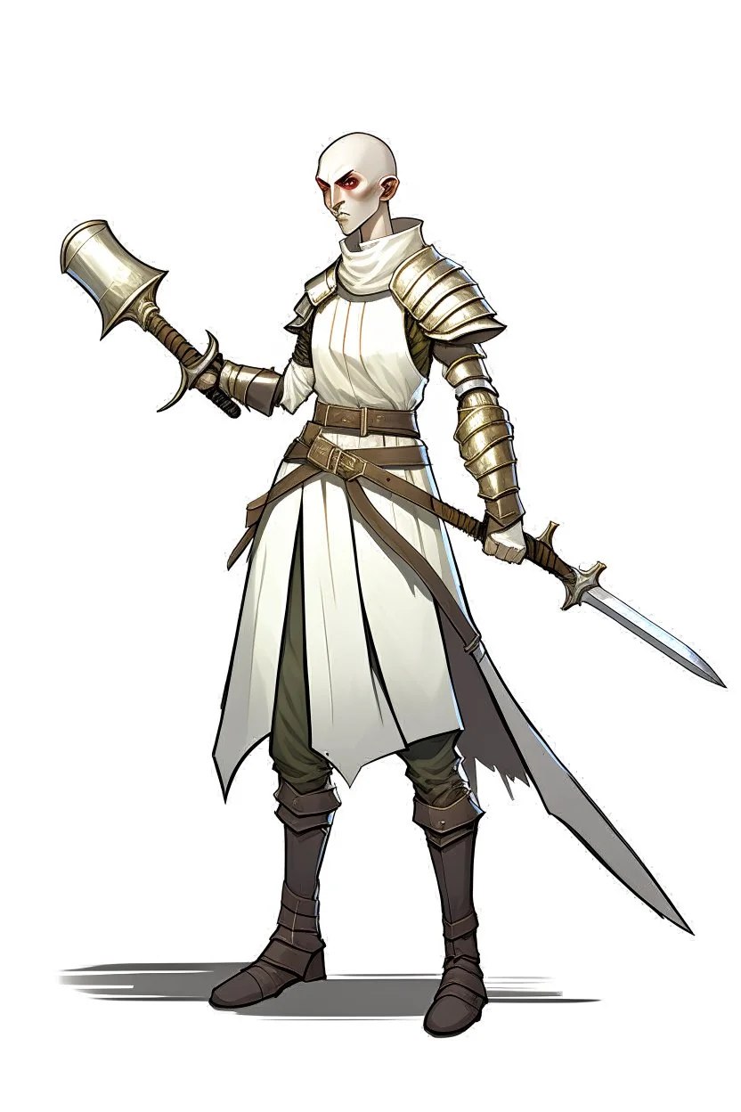 full length, tall 22-year old, shaved head, grey-eyed female cleric wearing scale mail with a sickle