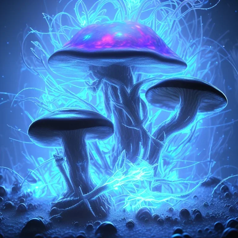 Spherical Frost metal magic armoured lightning Mycelium giant blob MUSHROOM flower stars SPACE lANDSCAPE BURNING IN BLUE FLAMES hellfire abyss math chaos runes