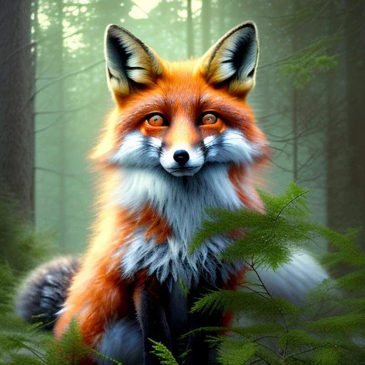 evening,light rays, upper body of female fox in magical forest, spray painting, foliage frame, fantasy art , movie poster, Realistic photography, incredibly detailed, ultra high resolution, 8k, complex 3d render, cinema 4d, color corrected