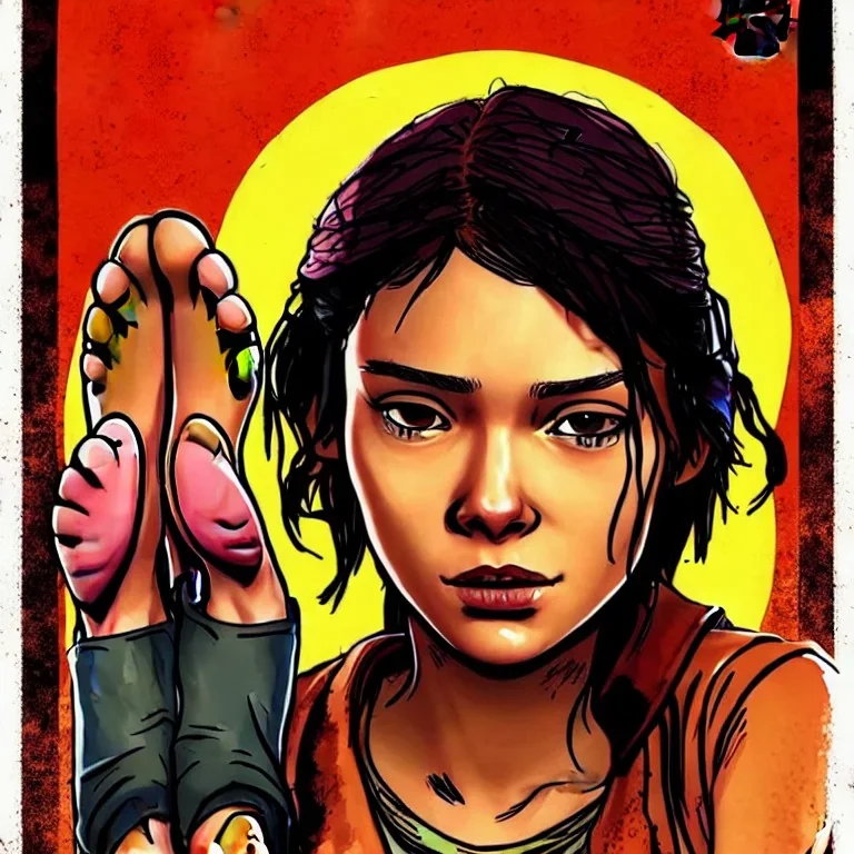 Clementine from the walking dead telltale she puts her bare foot on a guy's head, she looks superior, the art looks like a live action movie