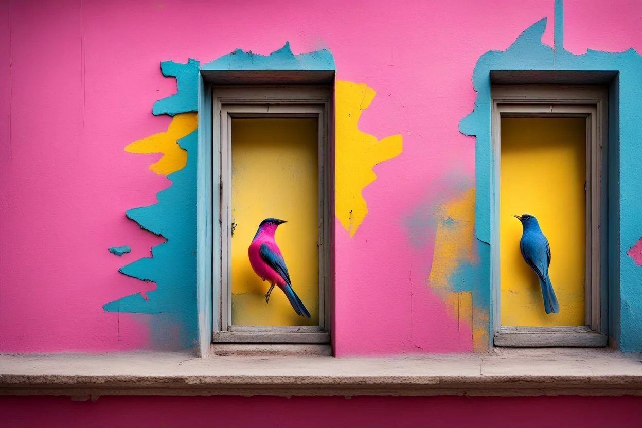 there are two birds sitting on a ledge next to a window, colorful mural on chipped walls, by Saurabh Jethani, photomanipulation, pink and yellow, by Liza Donnelly, diptych, eye catching composition, open window, open door, double exposure, double entendre, dramatic, dynamic, whizz dynamics, liminal vibe, amazing reflections, great contrasts, excellent verticals, perfect parallels, orange tint, socinlars vibe
